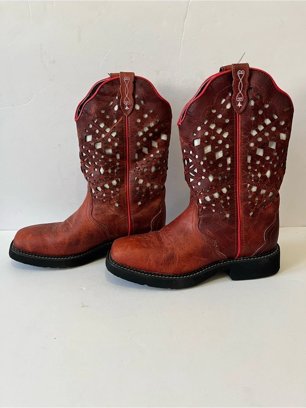Justin Leather Western Cowboy Boots Women's Red Brown Size 9.5B